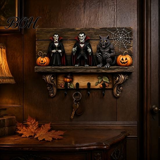 Functional Wooden Key Storage Halloween Holder, Lady Ghost Holder with 4 Hooks, Wall Home Decor Mounted Spooky Rack Organizer for Entryway Hallway