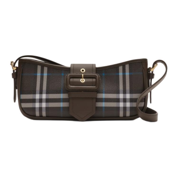 Burberry Checkered Leather Baguette Shoulder Bag With Gold Buckle & Detachable Strap