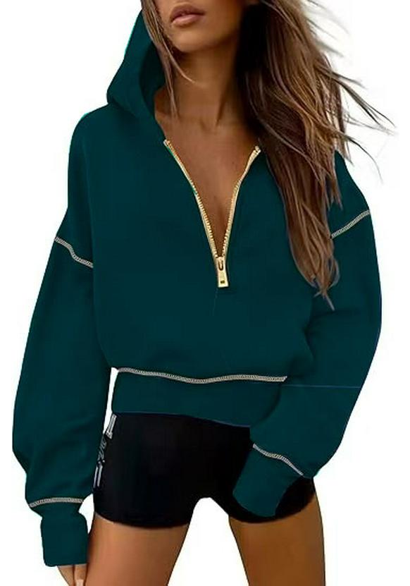 Women's Cropped Half Zip Hooded Sweatshirt - Autumn Winter Fashion 2025