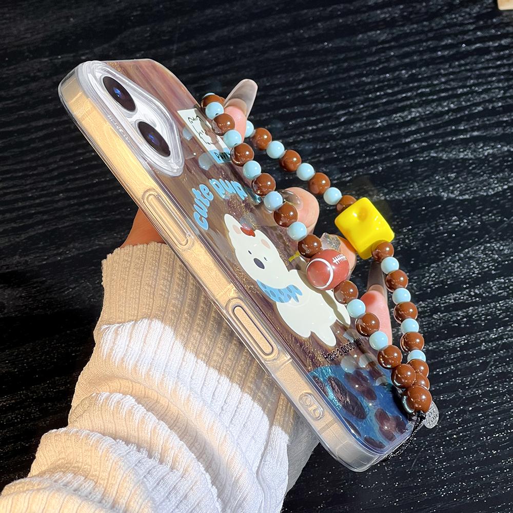 Bracelet Chain Painted Phone Case For iPhone 16 11 12 13 14 for 12 14 16 Pro 14 16 Pro Max Cute Pattern Hard Cover With Lanyard