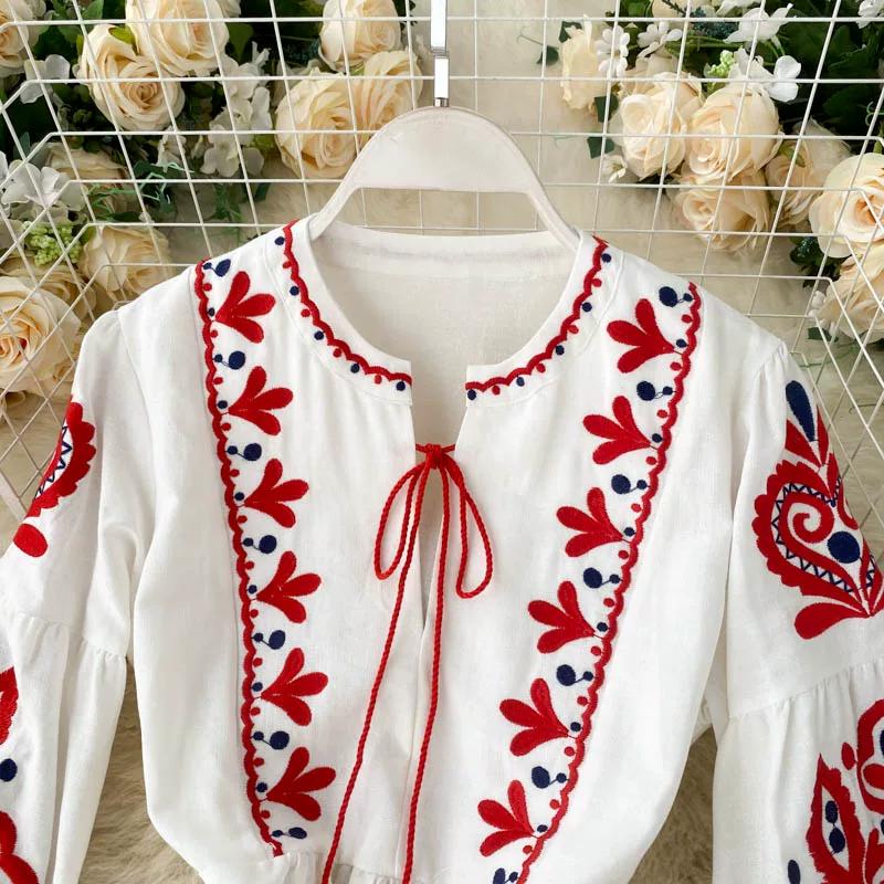 Bohemian Ethnic Style Embroidered Flowers, Round Neck, Lantern Sleeves, Pleated Loose, Slimming, Versatile Long Dress for Women