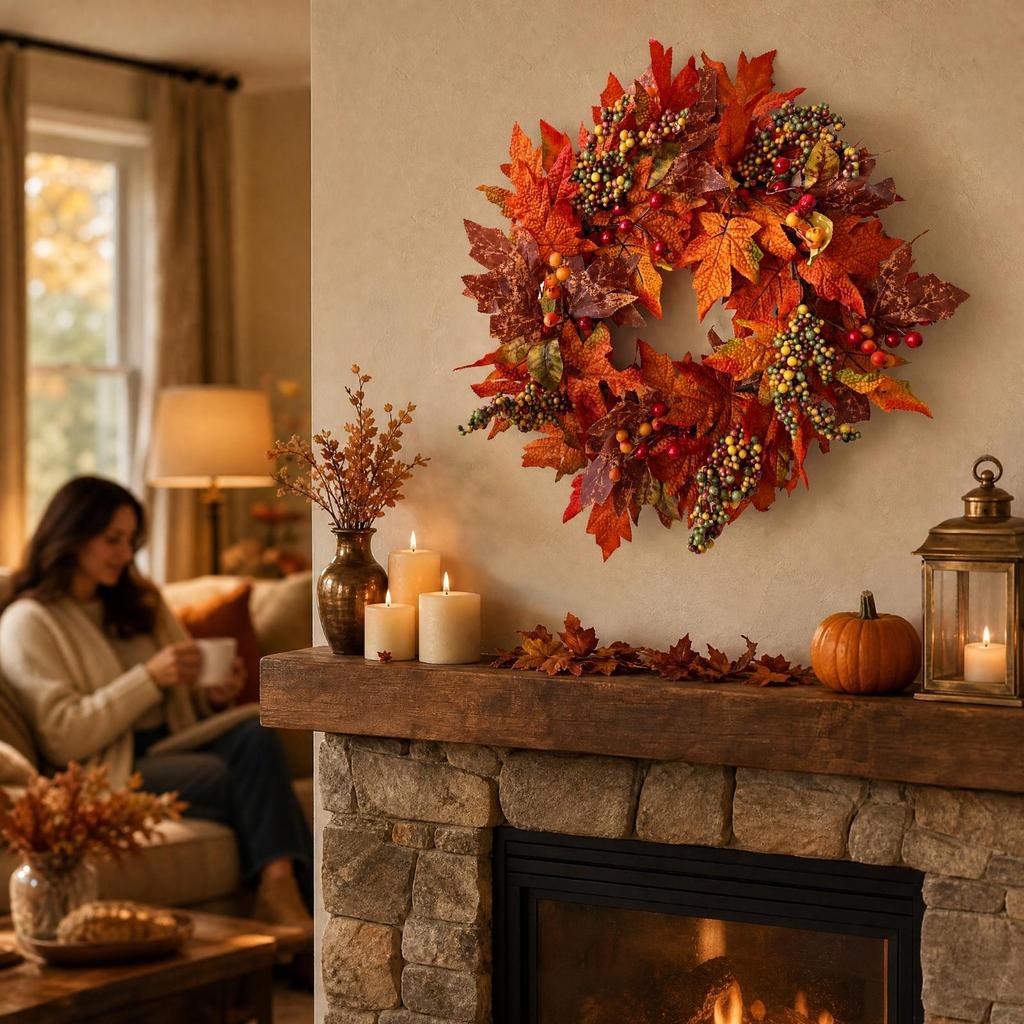 Door Wreath with Maple Leaves and Berries Artificial Fall Plump for Porch