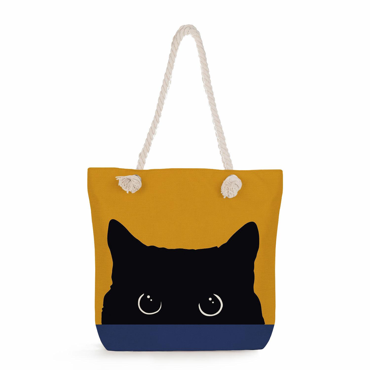 Bicolor cat print thick rope single-shoulder beach bag 7283