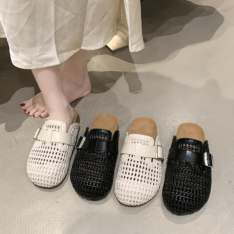 2025 summer new woven fabric belt buckle half drag mesh surface woven comfortable soft bottom slippers bag head slippers