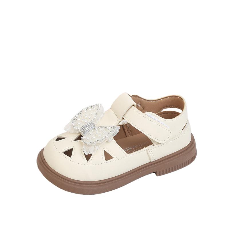

Girls Casual Sandals T-strap Soild Color Kids Princess Shoe Hollowed-out Summer New Children Beach Shoes Lace Bows Non-slip 25 бежевый