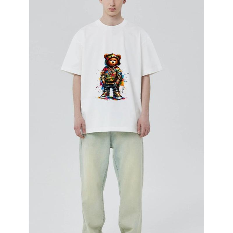 Crewneck T Shirt Black Colorful Bear Graffiti Print Streetwear Fashion Casual Wear for Men and Women