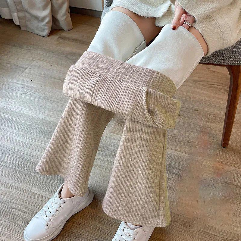 Pantaloni evazați din catifea, calduri, îngroșate plus, pantaloni eleganti de iarnă pentru femei, la modă coreeană, cu talie înaltă, pantaloni subțiri căptușiți cu pluș