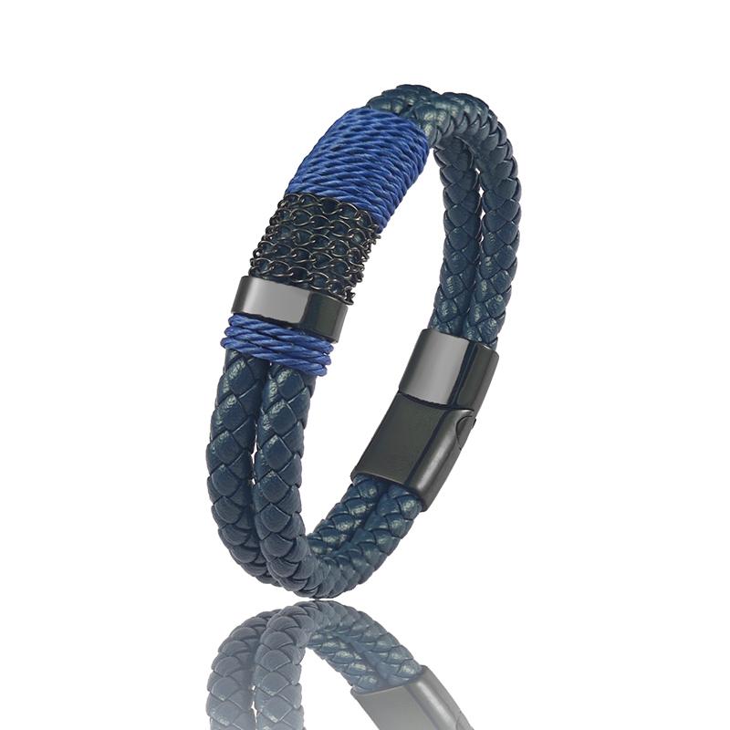 Black Braided Leather Bracelet for Men Stainless Steel Chain Detail Magnetic Buckle Fashion Male Jewelry Birthday Gift