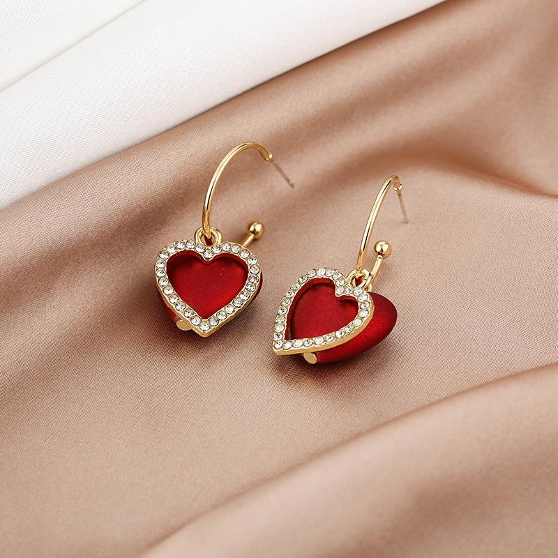 Red Peach Heart Earrings C-Type Trendy Festive Earrings Dongdaemun Earrings