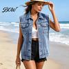 Soft Demin Vest Women Sleeveless for Summer, Button Down Casual Jean Jacket, Frayed Lapel Waistcoat Top with Pockets
