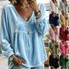Womens V-Neck Velvet Loose Long Sleeve Top - Soft Casual Shirt In Solid Colors 2026