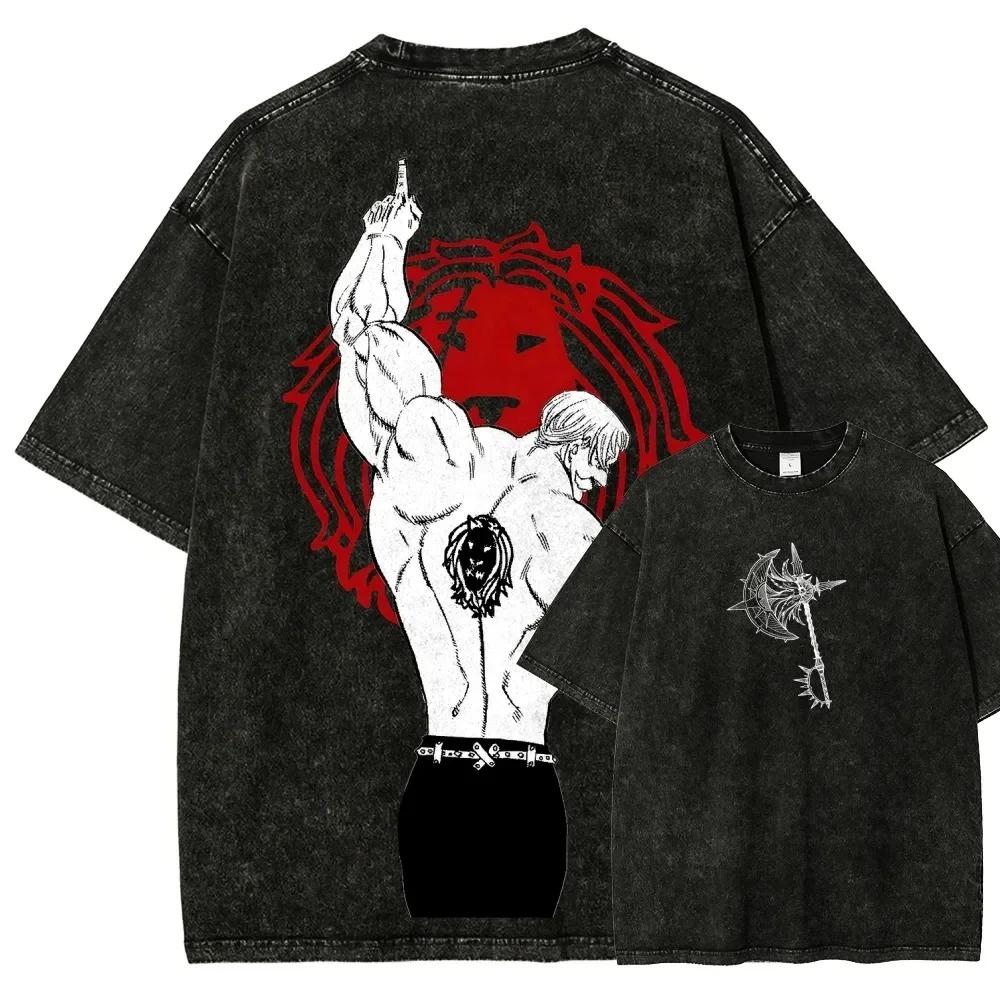 Personality Clothes Japan Hittebloed Anime Zeven Doodzonden Escanor Grafische Print T-shirt Mannen Vrouwen Mode Vintage Gewassen Katoen Tee Oversized Top M beige
