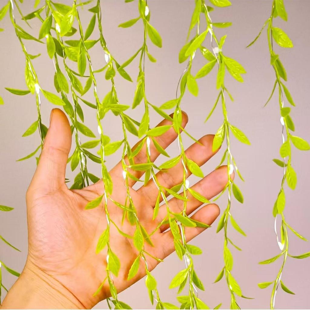 LED Willow Vine Curtain Lights, Green Leaf Copper Wire String, Christmas Decoration Lamp