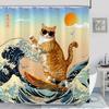 Funny Cat Shower Curtain Set Great Wave Art Style Relaxing Feline Waterproof Bathroom Shower Curtain Japanese Scene Home