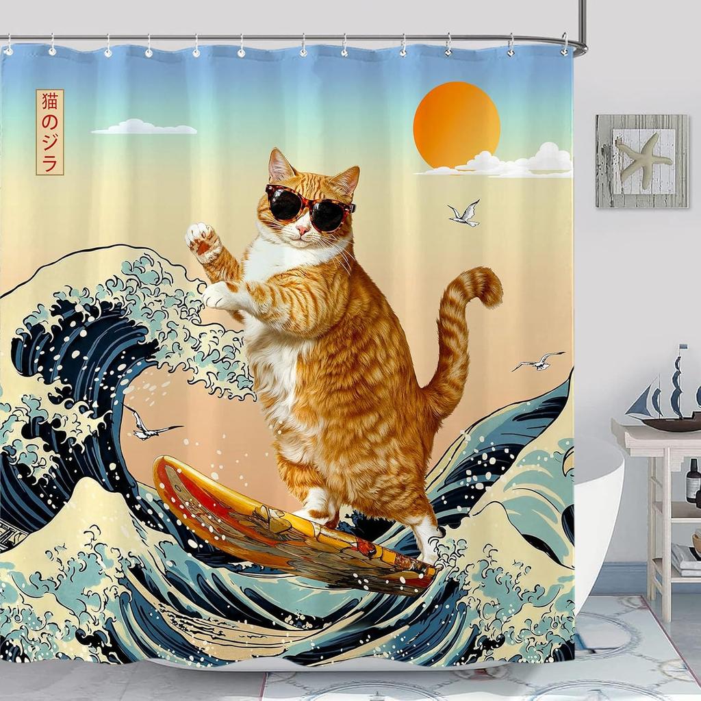 Funny Cat Shower Curtain Set Great Wave Art Style Relaxing Feline Waterproof Bathroom Shower Curtain Japanese Scene Home