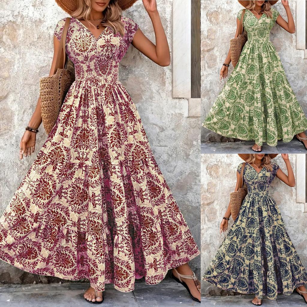 Women's Vintage Printed Elegant V,neck Short,sleeve Dress