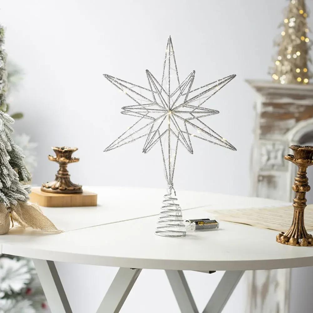 Star Tree Topper Ornament 30cm with LED String Lights for Christmas New Year Festival Party Home Decoration