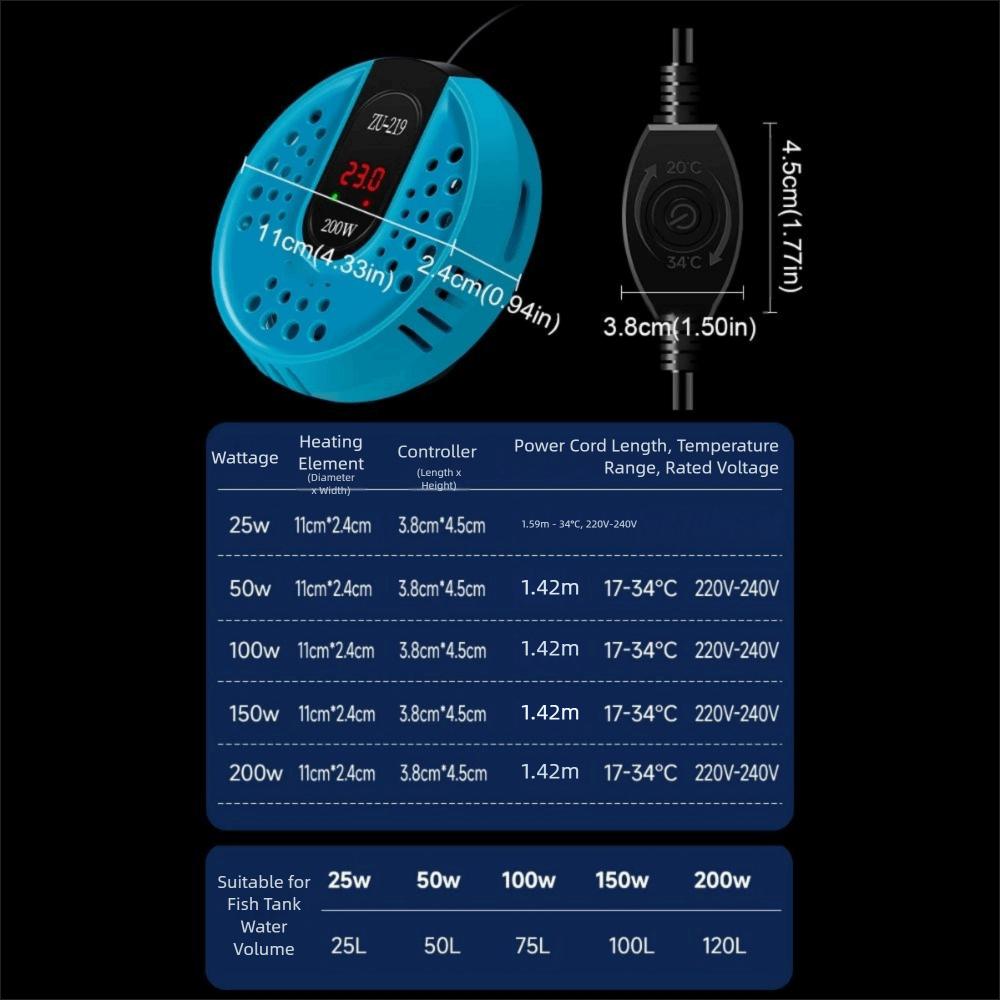 17-34°C Aquarium Turtle Heater Low Water Level Adjustable Fish Tank Submersible Heater LCD Display Temperature Controller