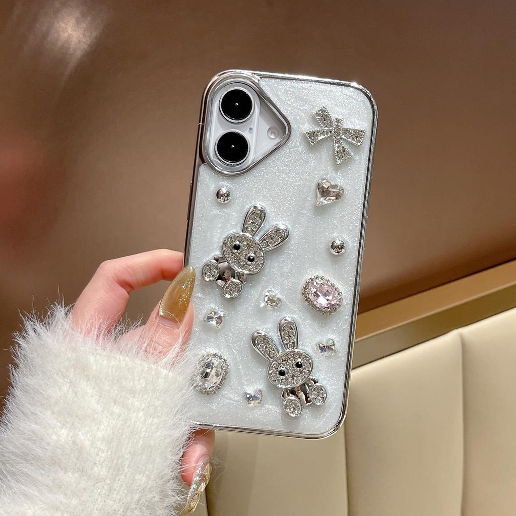 For iPhone 16 Case Glitter Rabbit Epoxy Protective Hybrid Phone Cover with Strap
