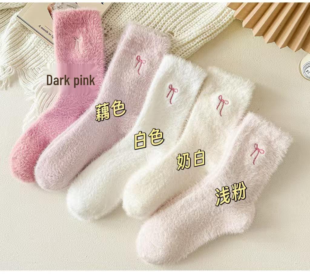 Women's Mink Velvet Bow Plush Socks - Cute and Warm Mid-Calf Sleep Socks for Autumn and Winter