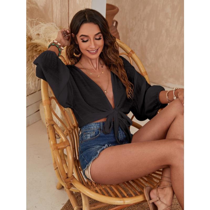 Fashion Casual Summer Women Beach Shirt Solid Color V Neck Solid Color Simple Crop Tops Elegant Ladies Tie Up Cardigans Streetwear Blouse Clothing