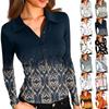 Damenmode Lässig Bedrucktes V-Ausschnitt Langarm Knopfleiste Oberteil