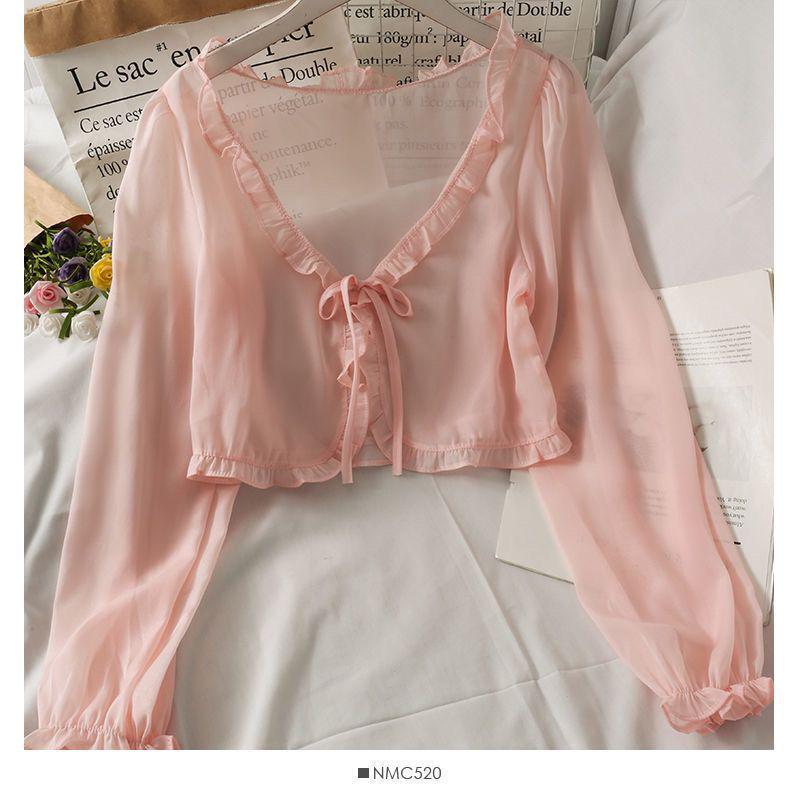 

Женский летний кардиган свободного кроя 2024 года с завязкой на ленту и оборками - Универсальный топ с длинным рукавом для защиты от солнца One Size белый