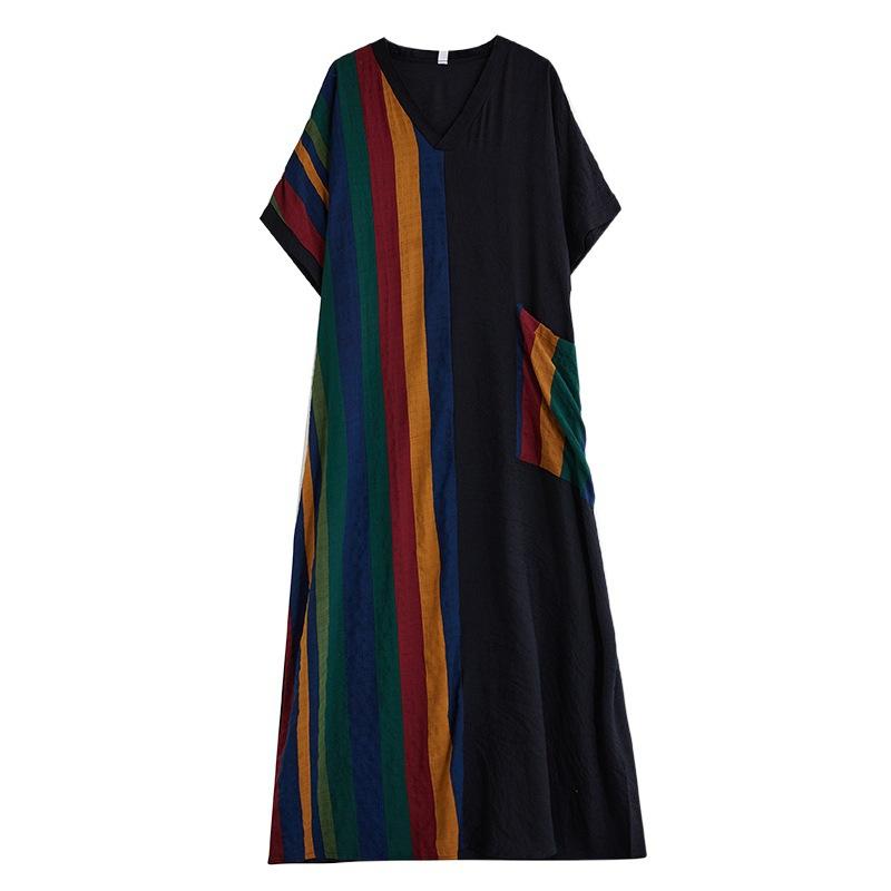 Sommer Dünne Baumwolle Leinen Druck Schlankmachendes V-Ausschnitt Kurzarm Kontrastierende Spleißung Schwarz Langes Kleid für Damen