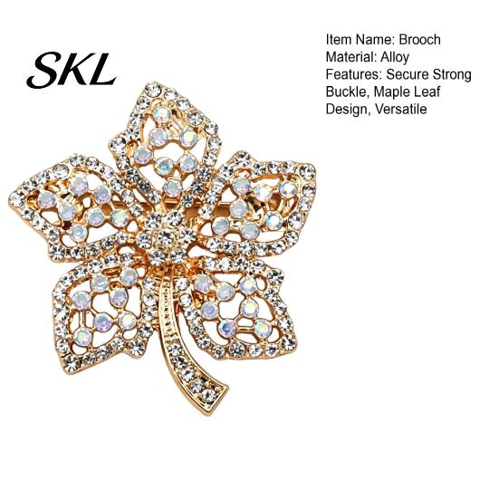 Strong Buckle Brooch Maple Leaf Brooch, 3D Hollow Design Lapel Pin with Enamel Rhinestones, Anti-exposure Electroplating Badge for Coats Shirts