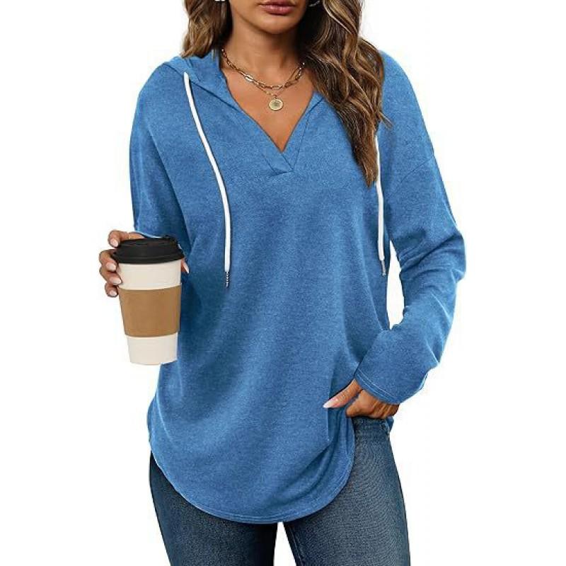 Womens Hooded V-Neck Long Sleeve Sweatshirt Loose Fit Casual Pullover Top In Solid Colors