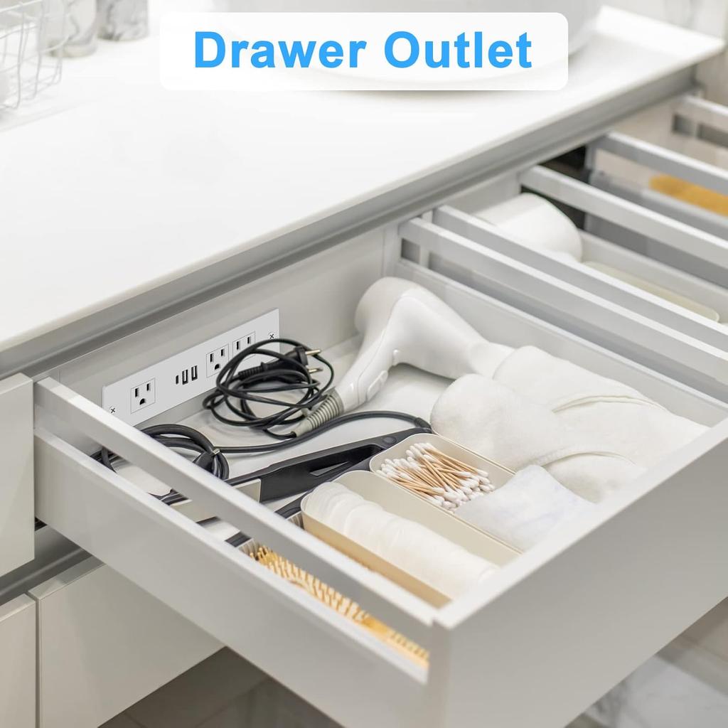 HEZI Recessed Power Strip, Furniture Drawer Outlet with 20W PD USB-C & 18W QC3.0 USB-A, Plug in 3 Outlets & USB Ports, Flush Mount 6FT White