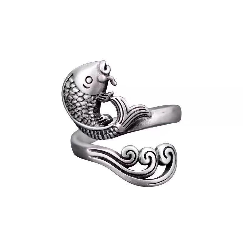 Trendy Retro Thai Silver Adjustable Koi Ring - Ethnic Style Index Finger Ring for Women