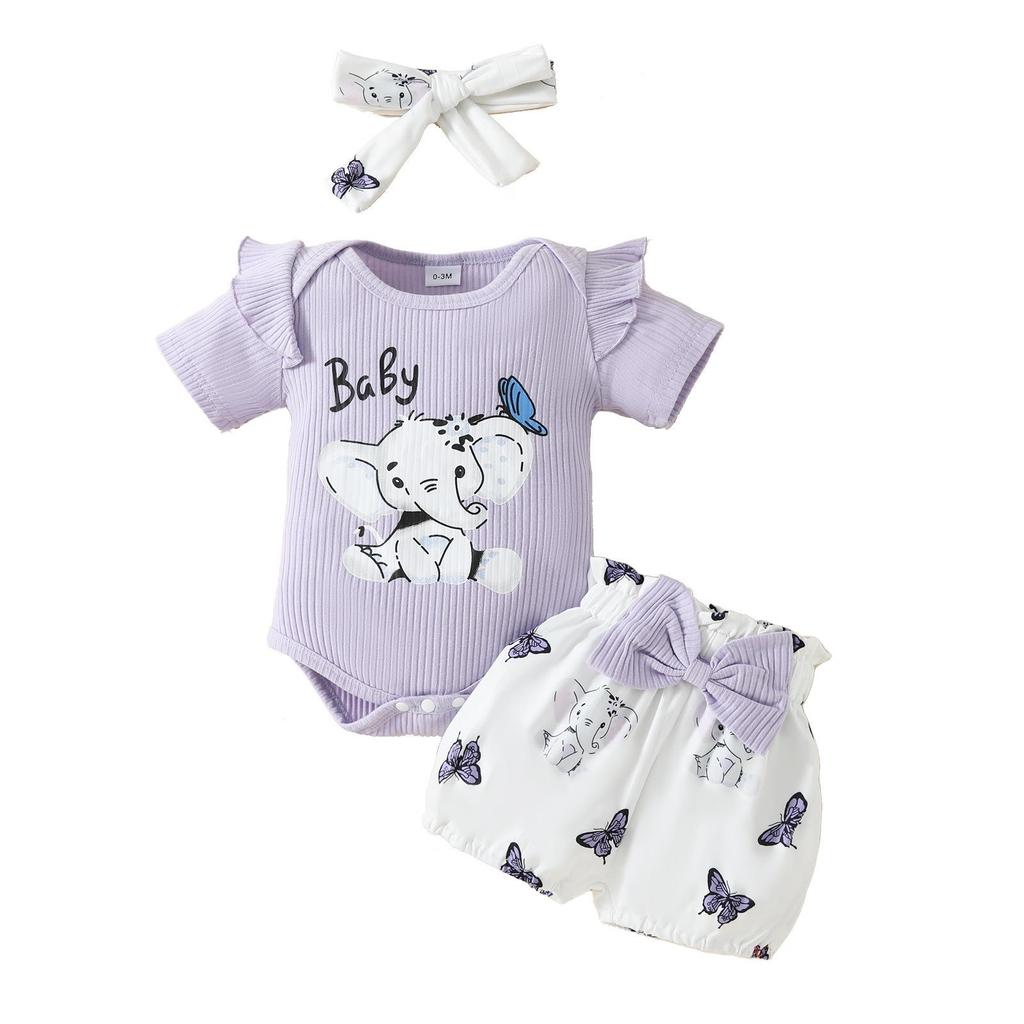 Summer Elephant Print T-shirt & Shorts Set for Baby Girls - Flutter Sleeve Romper with Bow Shorts
