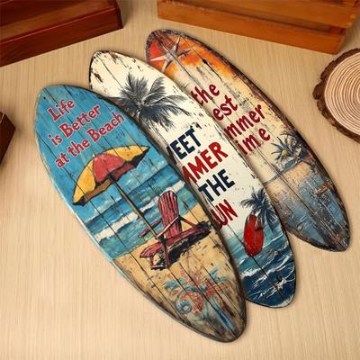1/3Pcs Surfboard Plaque Decoration, Solid Wood Vintage Coastal Wall Sign, Retro Seaside Style Wall Art Ornament for Indoor Outdoor Use