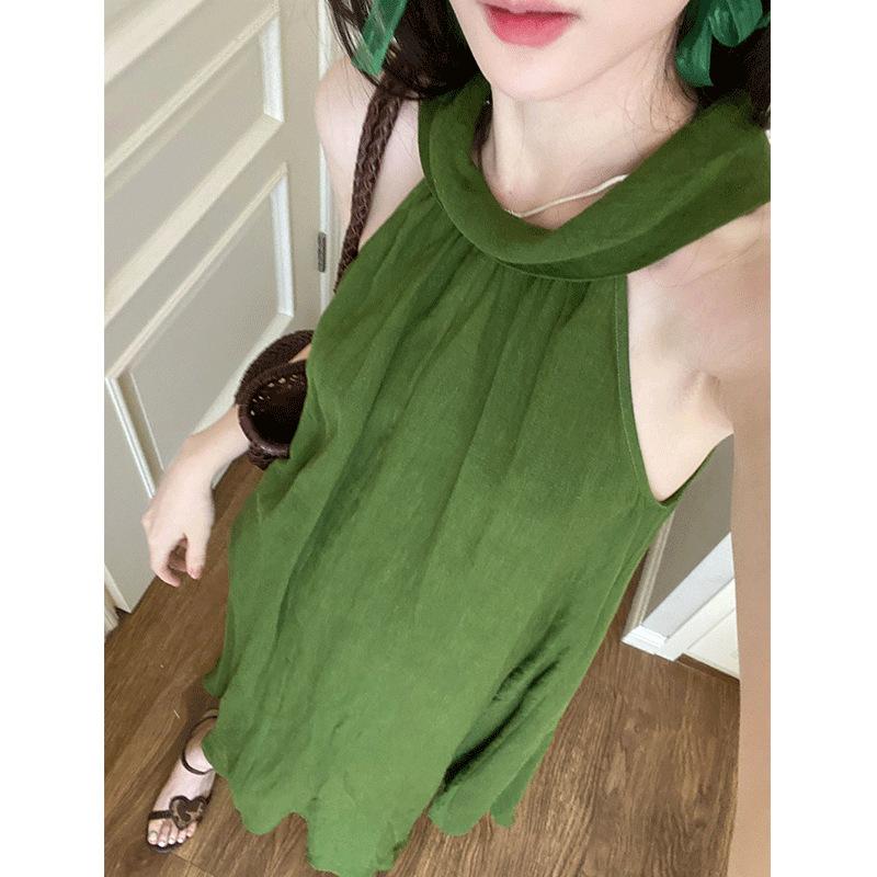 French Lazy Style Green Halterneck Off-the-Shoulder Dress Women's Summer New Temperament Resort Dress