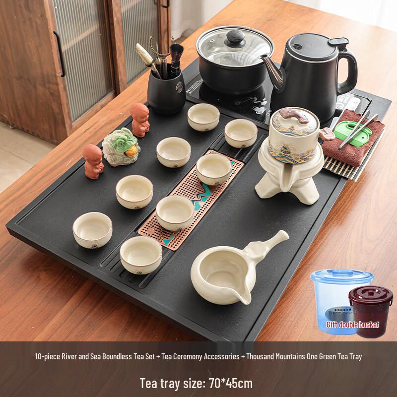 Chaxun 10-Piece Automatic Ceramic Tea Set with Artificial Stone Tray
