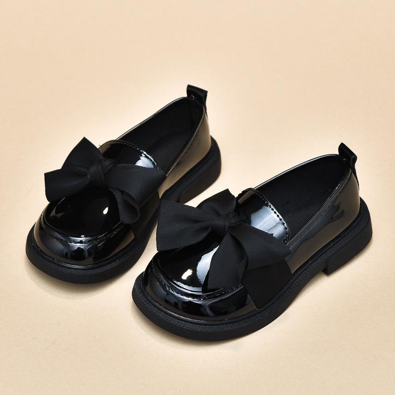 Spring and Autumn Girls' Loafers Shoes Bow Tie School Style Children's Single Shoes Black Small Leather Shoes