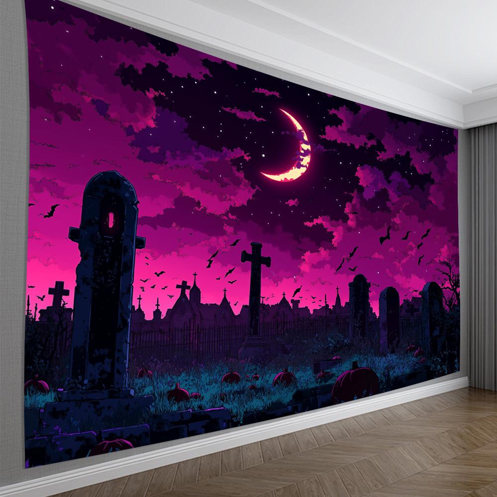Large Gothic Cemetery Tapestry Spooky Moonlight Halloween Wall Art Decoration 180x280cm Dark Purple Horror Room Decor