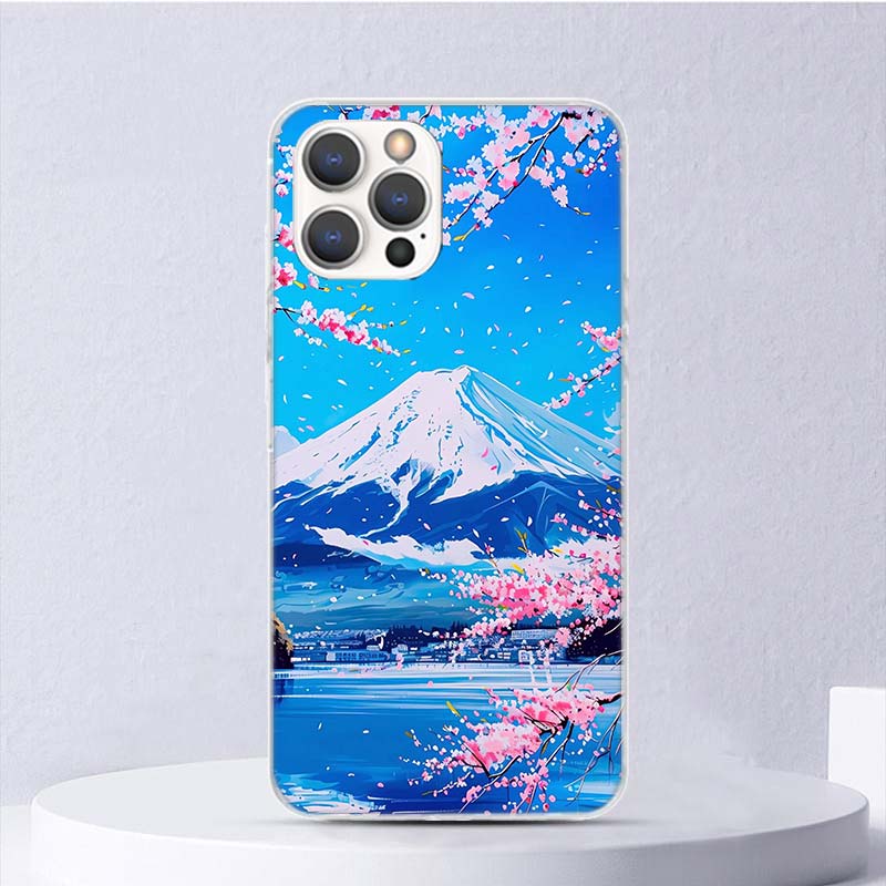 Japanese Cherry Mount Fuji Soft Case For iPhone 16 17 Air 16E 15 Plus 11 12 13 Mini 14 Pro Max Phone Cover Apple 7 8 SE Coque Fu
