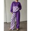 Women's Crewneck Sweatshirt & Drawstring Straight-Leg Pants 2-Piece Set, Plaid Patchwork Print, Casual Athletic Loungewear for Outdoor Wear