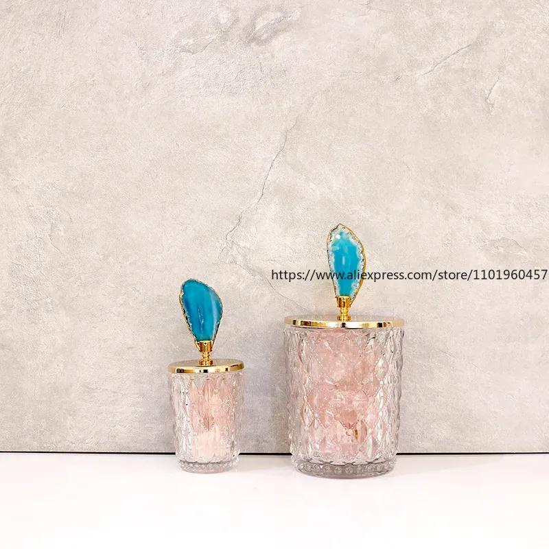 Glass Storage Jars Relief Tea Canister Candy Pot Natural Agate Stone Decorative Crystal Storage Jar with Cover Spice Organizer