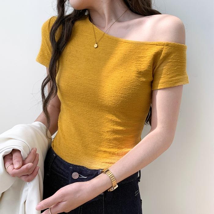

Slant shoulder top women s summer new one-word shoulder off-the-shoulder short-sleeved t-shirt design sense S жёлтый