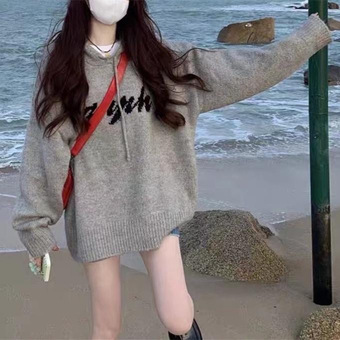 Women's Autumn/Winter 2024 Grey Knit Hoodie: Lazy Style, Loose Fit, Slimming Design