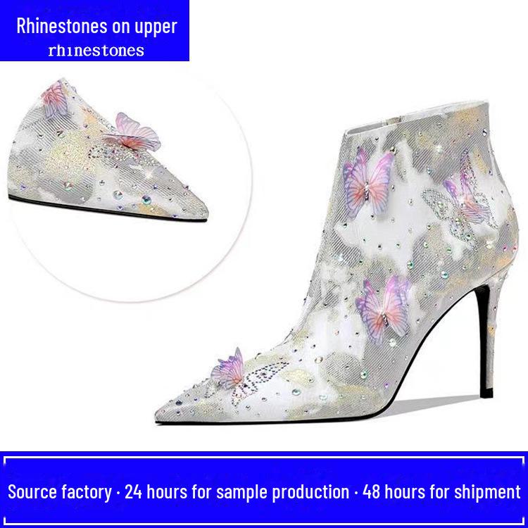 

Женские босоножки на высоком каблуке с узором в виде яркой бриллиантовой бабочки