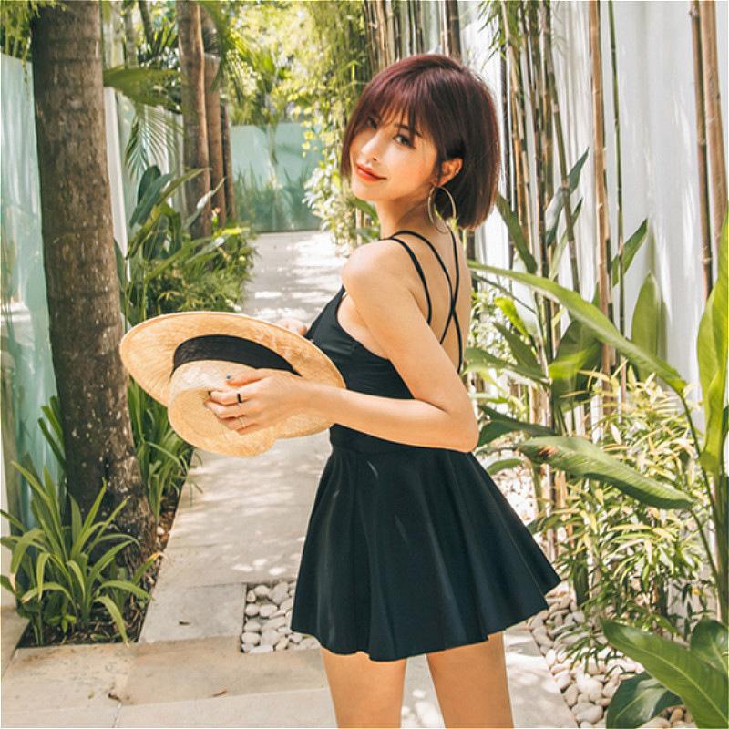 Hot Spring Swimsuit Sexy Backless Steel Tray Gathers To Cover the Belly and Look Thin One-piece Flat-angle Skirt Swimsuit