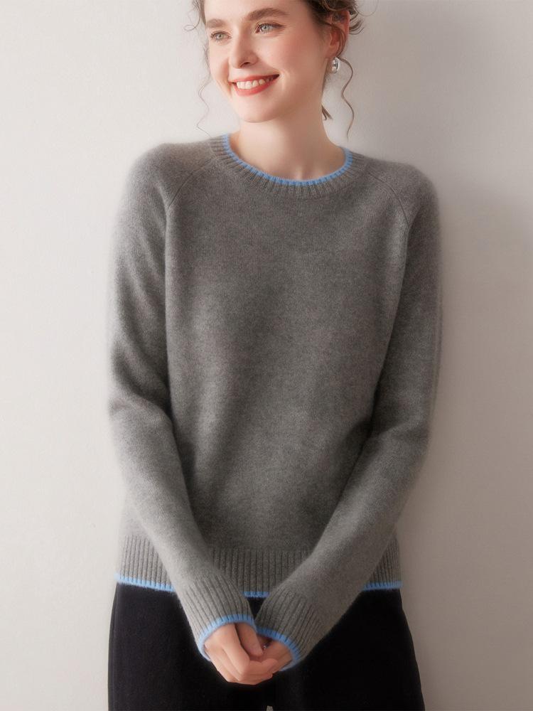 Women's 2025 Autumn/Winter Colorblock Crew Neck 100% Pure Cashmere Raglan Sleeve Thick Knit Sweater