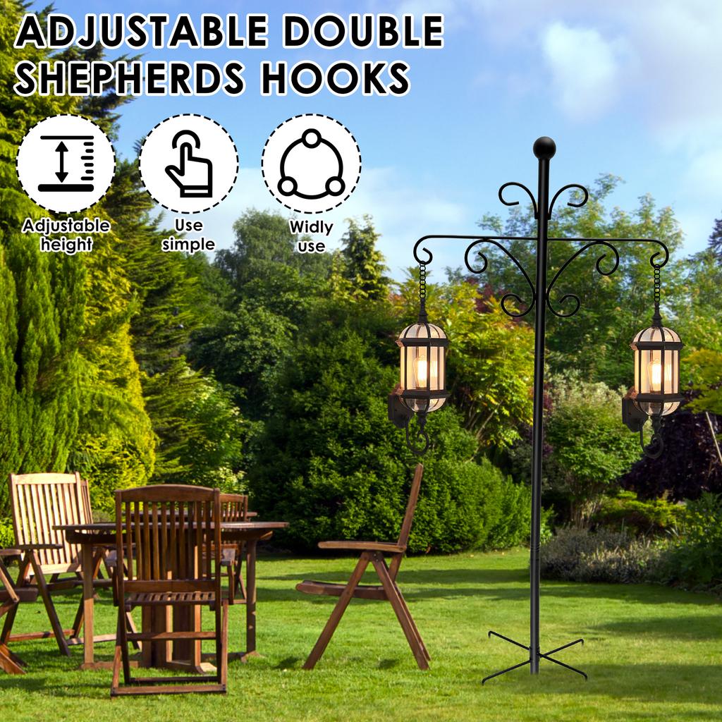 Double Shepherd Hooks 80-176cm Adjustable Outdoor Plant Hook Inserting Garden Decor Lawn Solar Lights Bird Feeders Hook