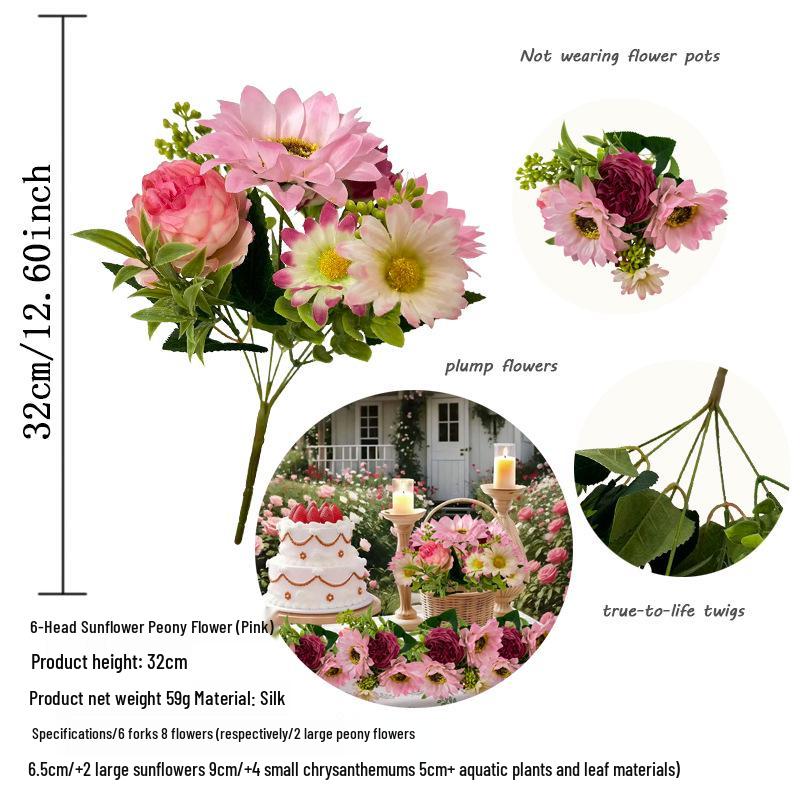 

European-Style Artificial Flowers: Sunflower, Daisy, Peony Bouquet for Home or Wedding Decor.