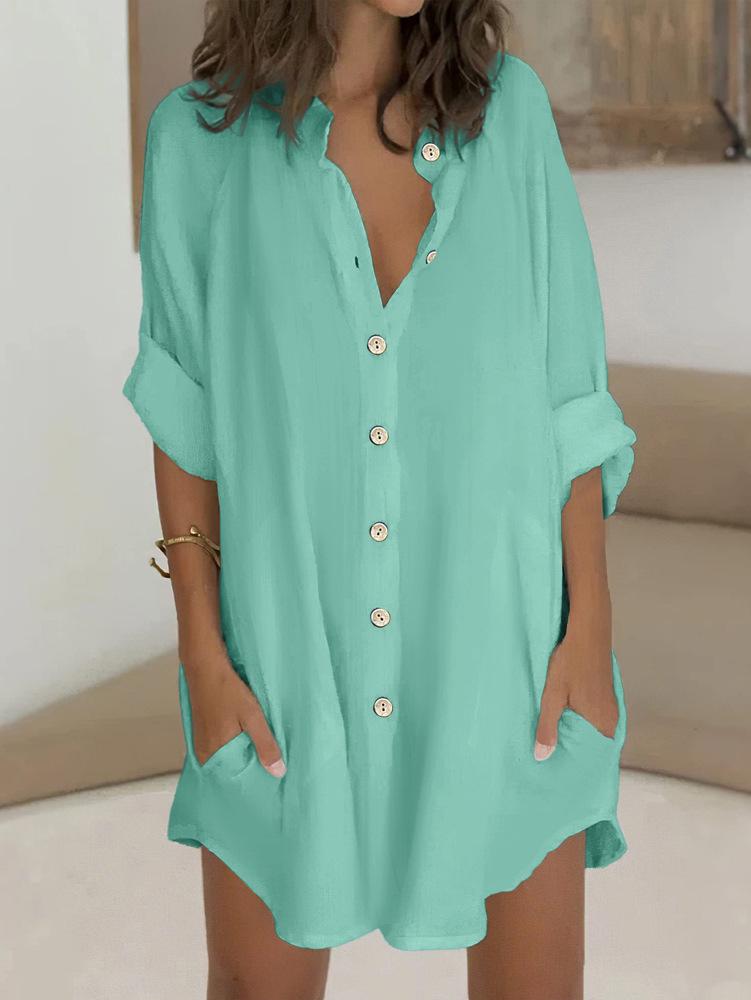 Cotton & Linen Row Button Plus Size Women's Mid-Length Short-Sleeve Loose Shirt