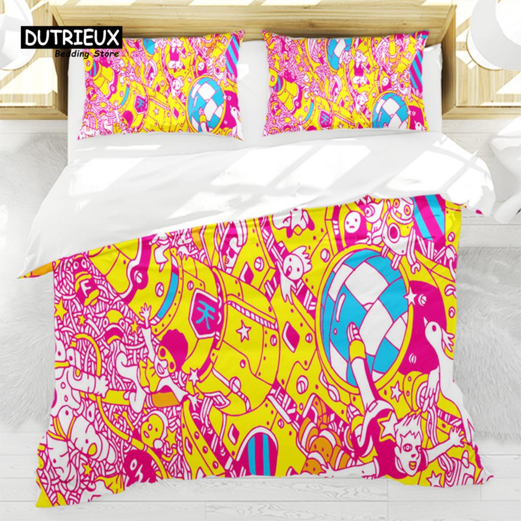 

Абстрактная живопись, пододеяльник, красочный мультяшный узор, комплект постельного белья, микрофибра, пододеяльник, двойной, полный, для детей, девочек и подростков, декор EU single(135x200cm)